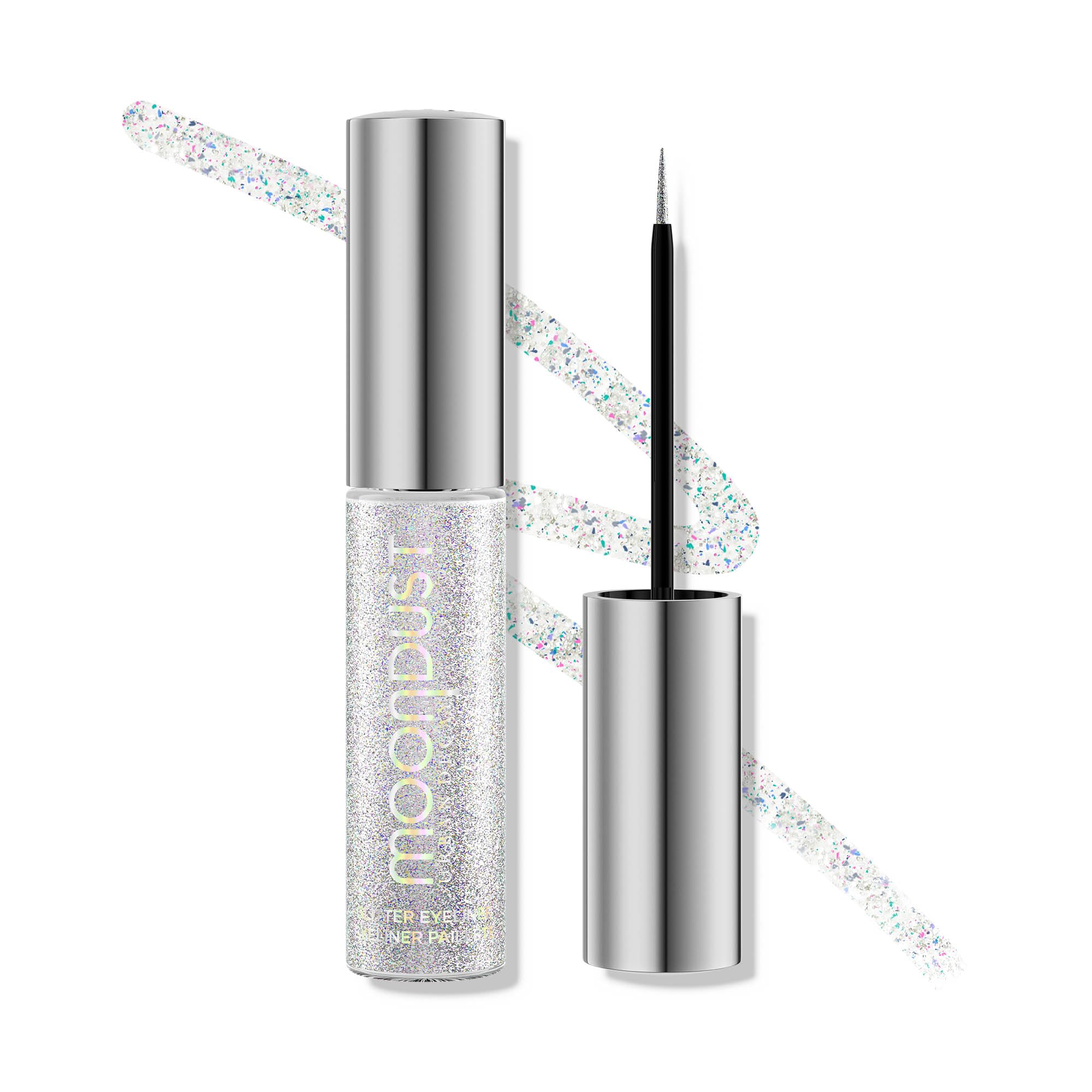 Urban Decay Moondust Liquid Glitter Eyeliner Pyro iridescent silver bottle for all-day sparkle