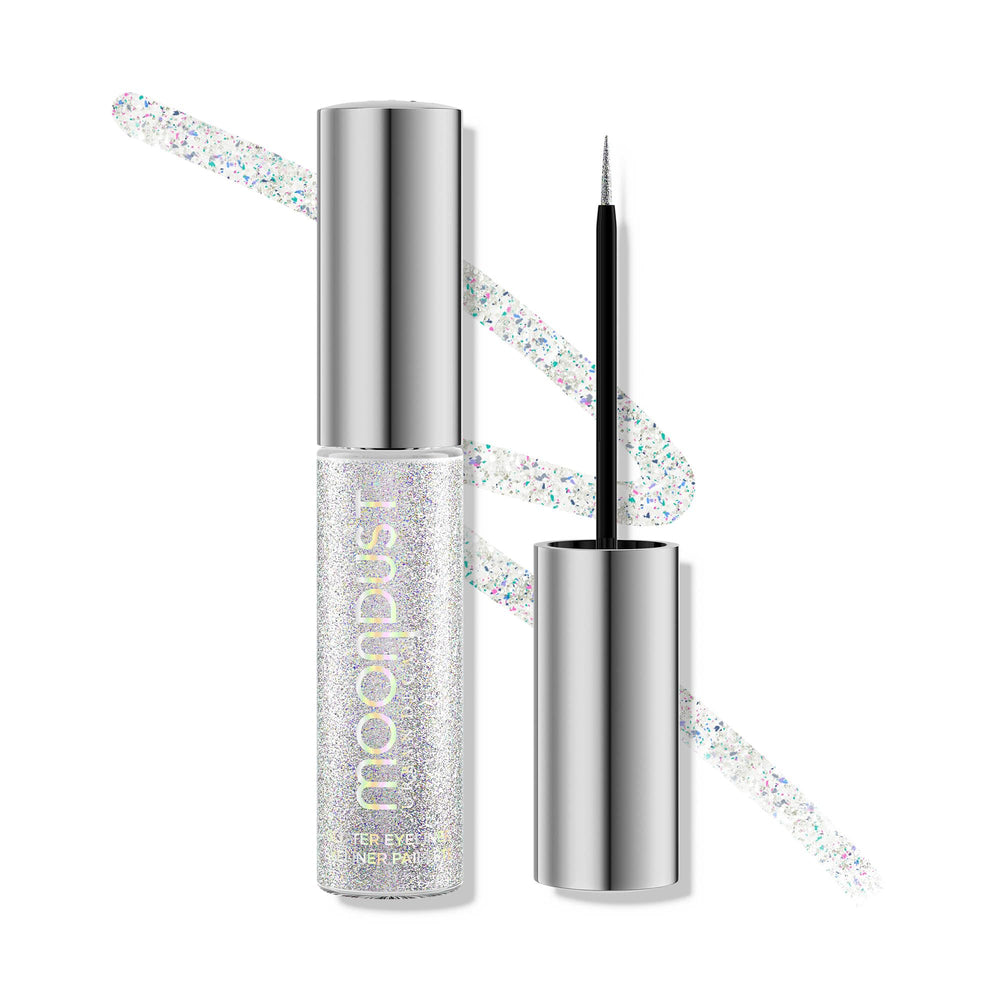 Urban Decay Moondust Liquid Glitter Eyeliner Pyro iridescent silver bottle for all-day sparkle