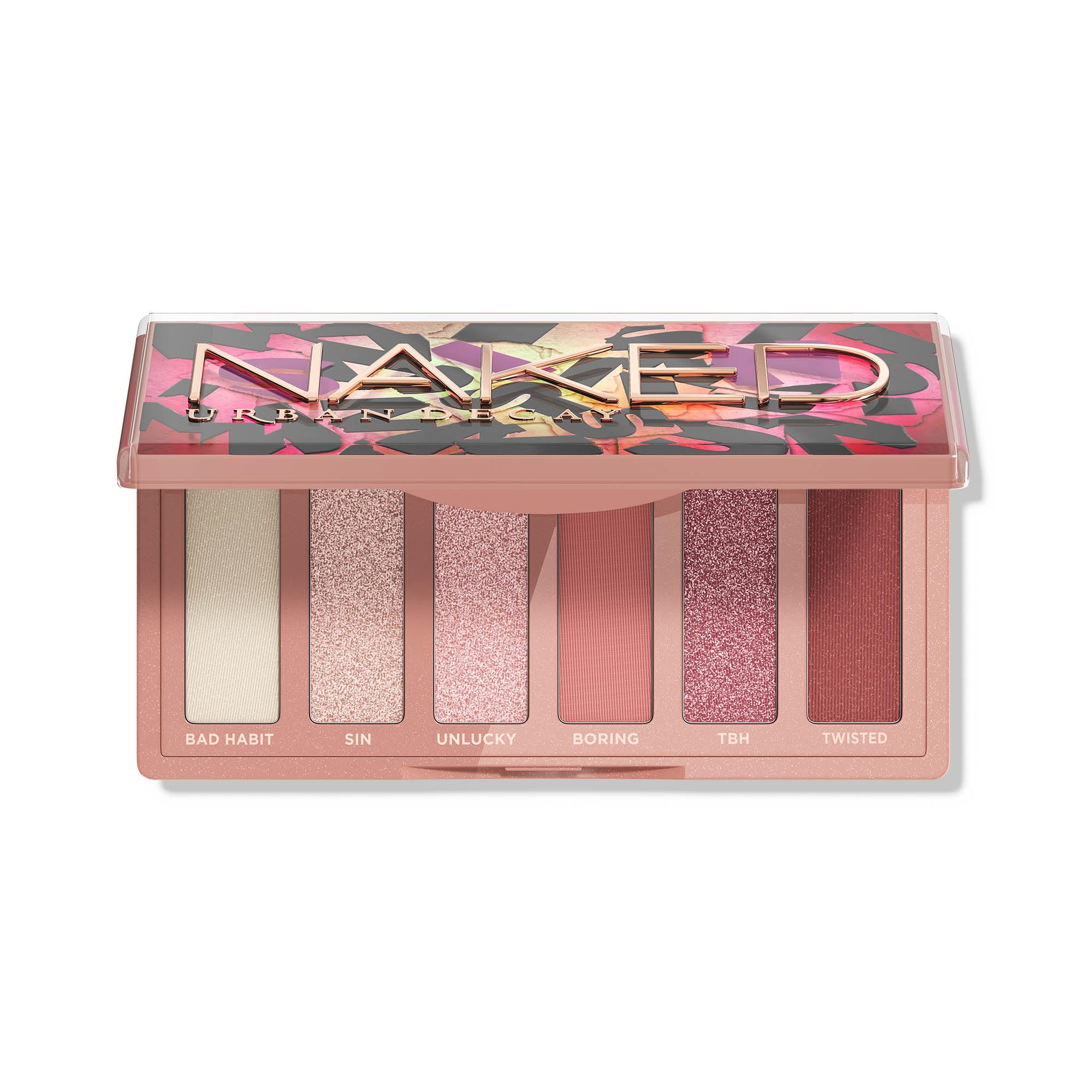 Urban Decay Naked Mini Sin palette open lid showing six olive-neutral shades for versatile looks.