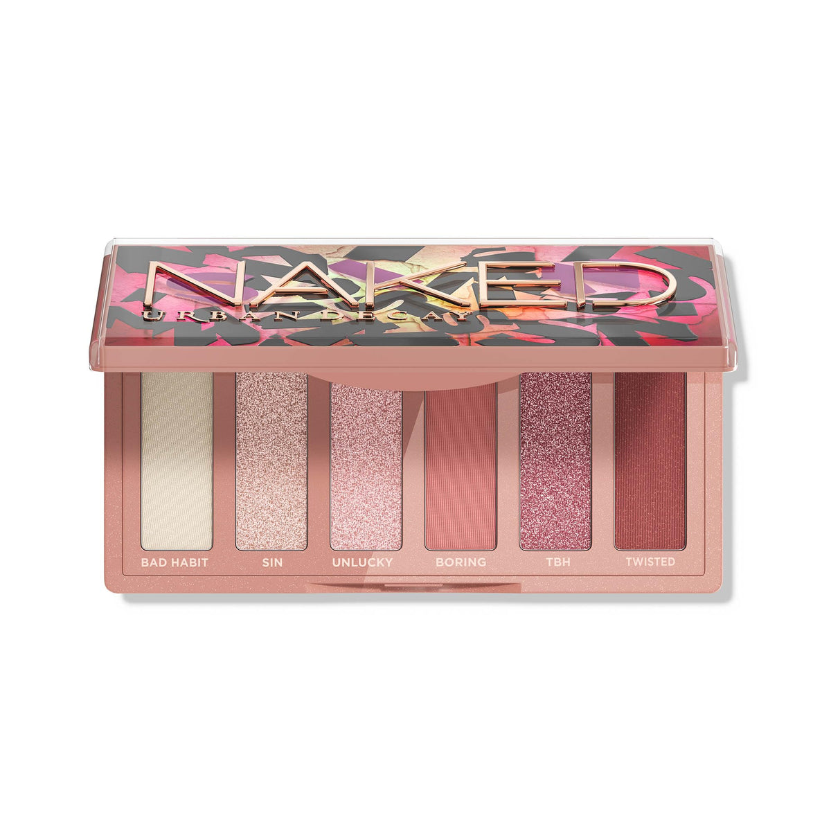 Urban Decay Naked Mini Sin palette open lid showing six olive-neutral shades for versatile looks.