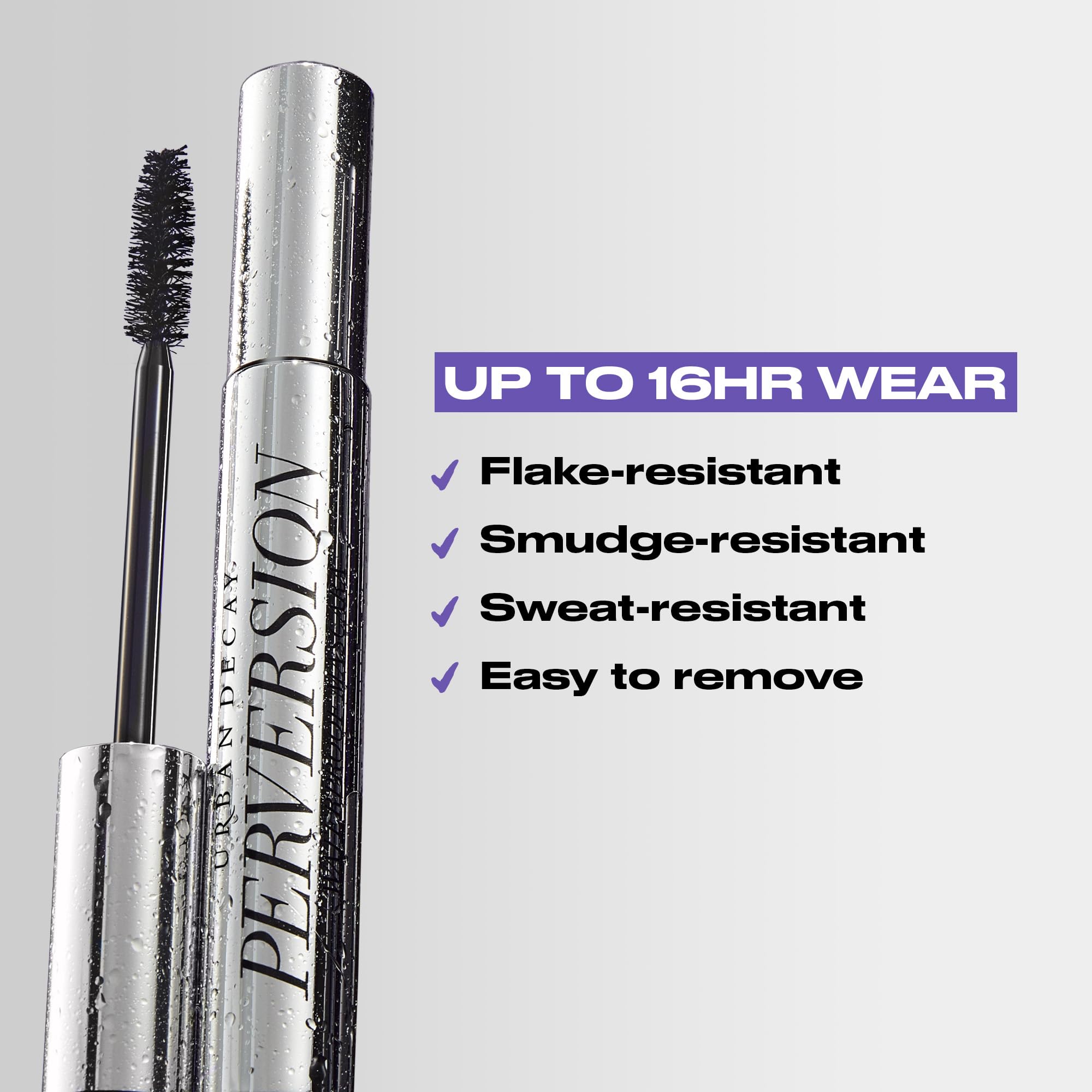 Urban Decay Perversion Volumizing Mascara brush detail emphasizing fluffy wand for root-to-tip volume.