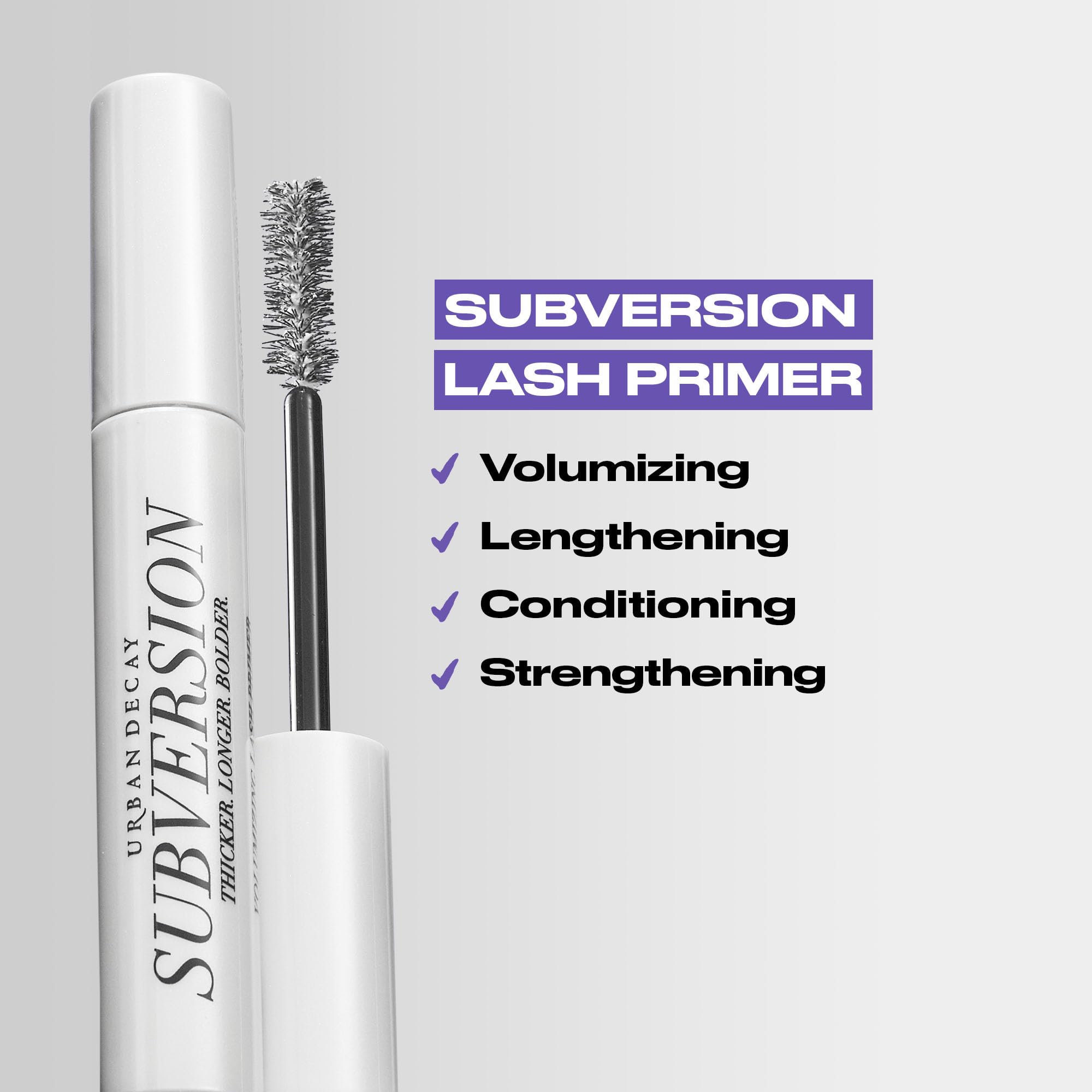 Urban Decay Subversion Lash Primer close-up showing root-to-tip coating for thicker lashes.