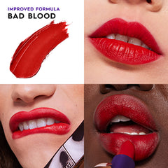 Urban Decay Vice Hydrating Lipstick Bad Blood swatch reveals a rich red color for bold looks.
