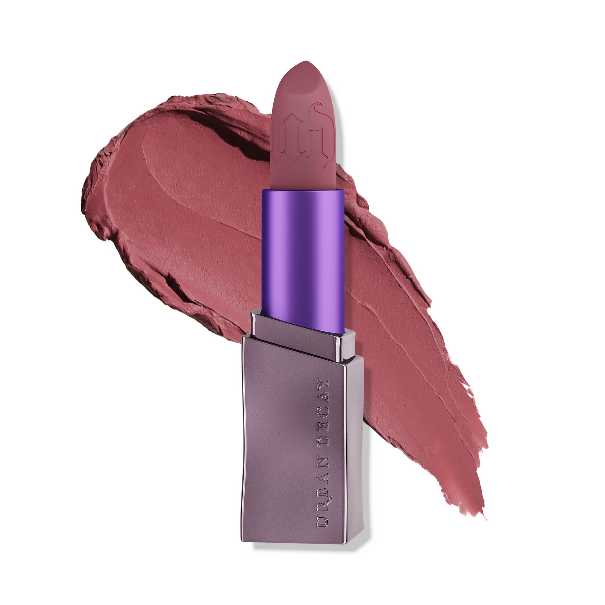 Urban Decay Vice Hydrating Lipstick Hideaway swatch shows creamy nude-mauve color for everyday wear.