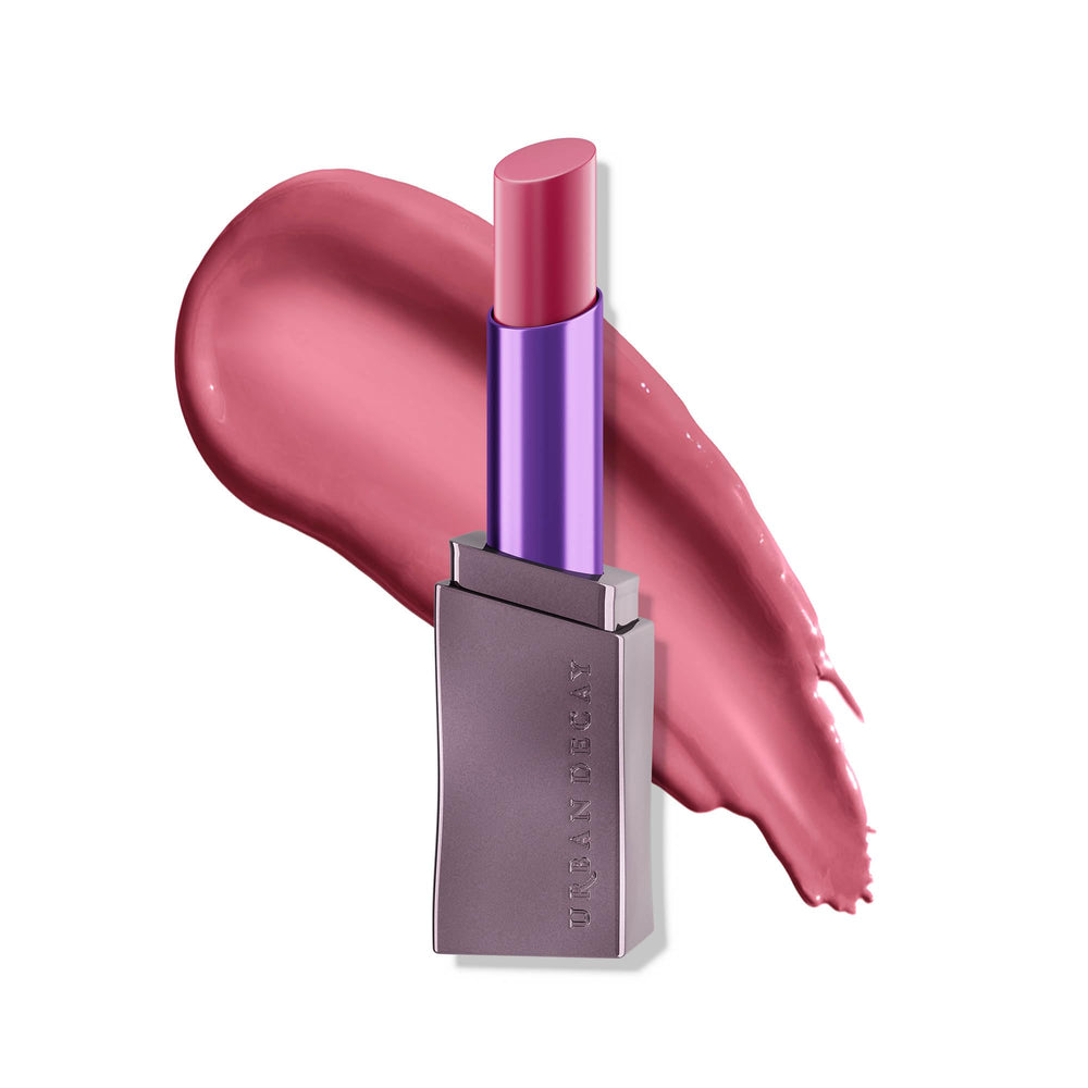 Urban Decay Vice Hydrating Lipstick Local Sheer Mauve Pink close-up showing nourishing shine for everyday wear.
