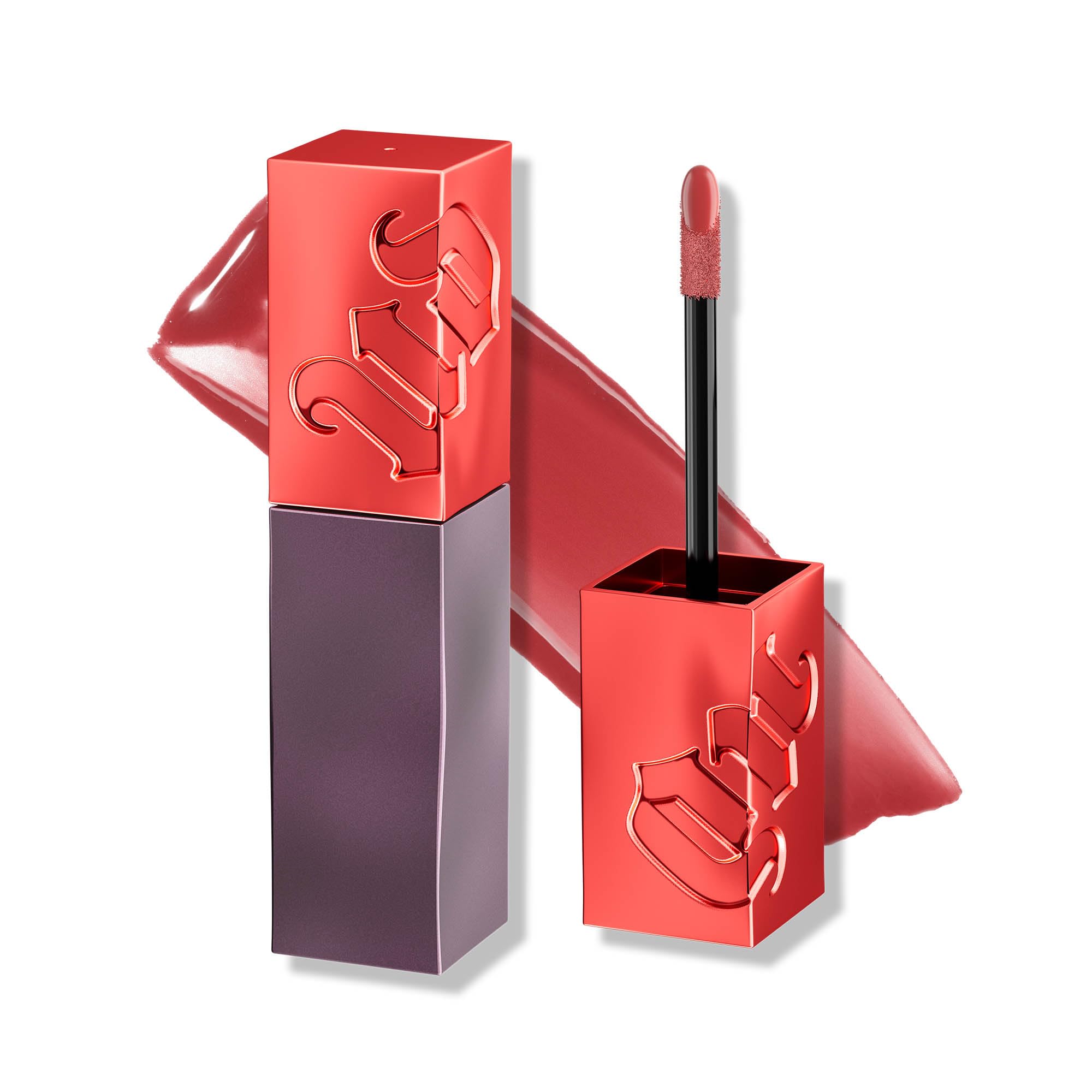 Urban Decay Vice Lip Bond swatch in brick red showing high-shine, long wear