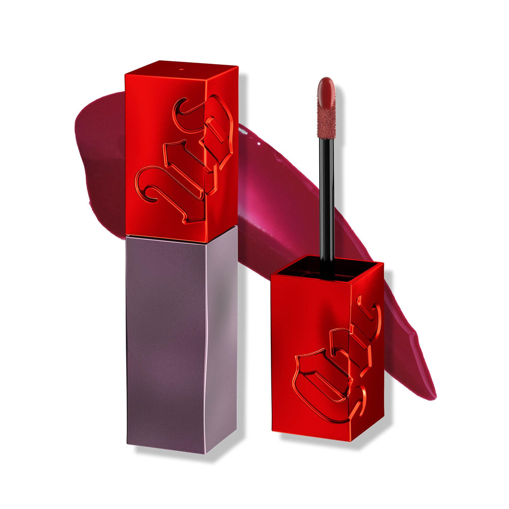 Urban Decay Vice Lip Bond Merlot Red swatches show rich color and shine.