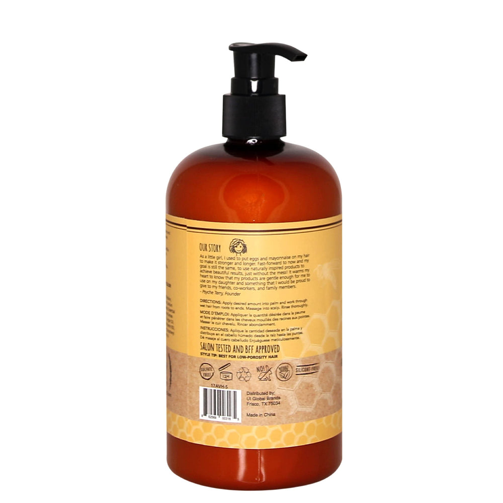 Urban Hydration Honey Health and Repair bottle label shows dye-free claim.