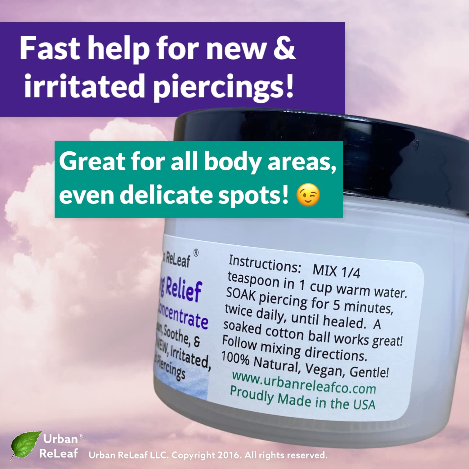 Urban ReLeaf Piercing Relief ingredients panel reveals Tea Tree and Rosemary.