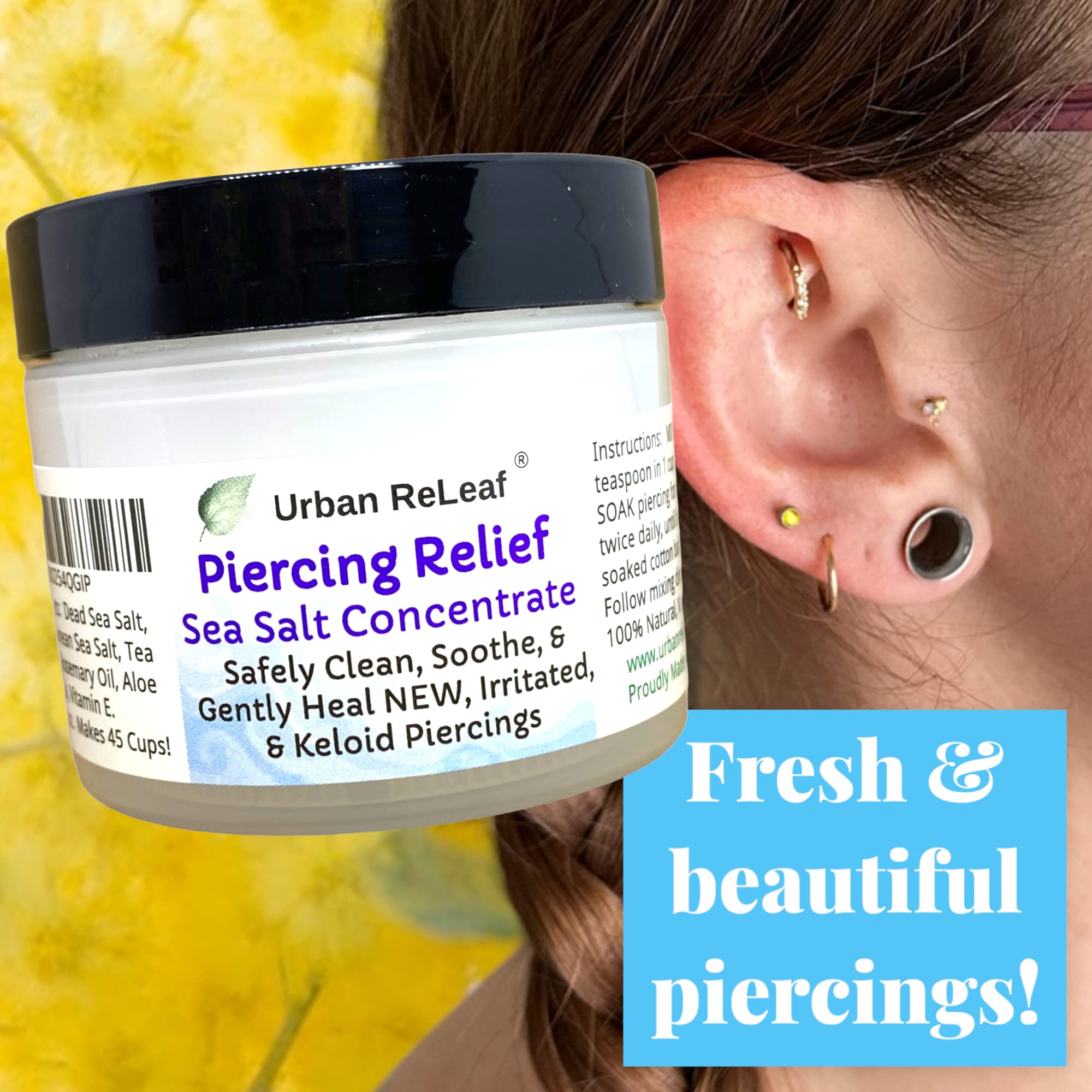 Urban ReLeaf Piercing Relief label highlights Dead Sea Salt formula.