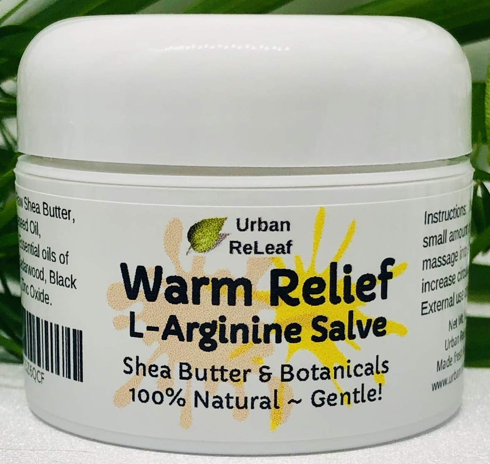 Urban ReLeaf Warm Relief Salve bottle closeup with natural ingredients for soothing warmth