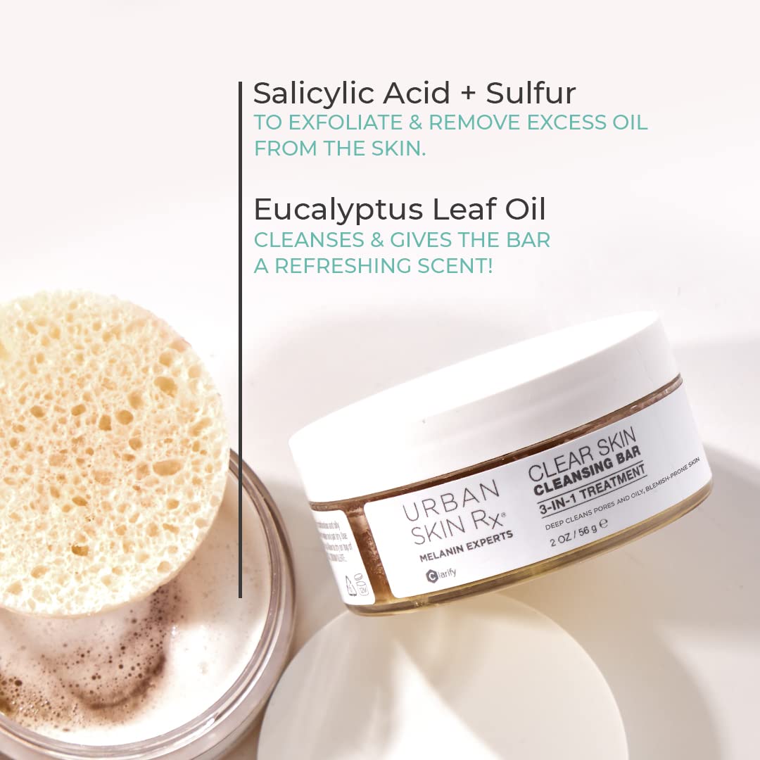 Urban Skin Rx Clear Skin 3-in-1 bar being massaged for gentle exfoliation.
