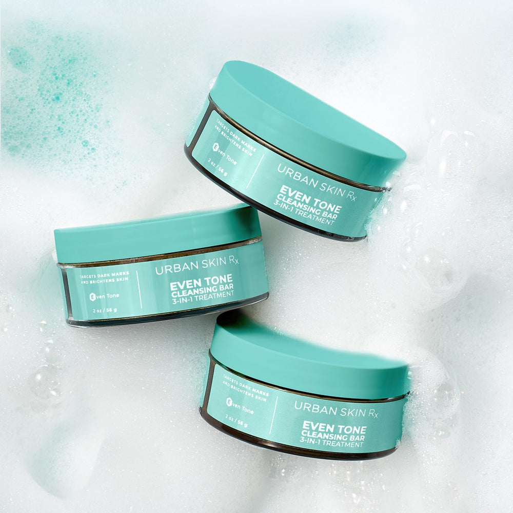 Urban Skin Rx Even Tone cleansing bar on countertop suitable for normal to dry skin.