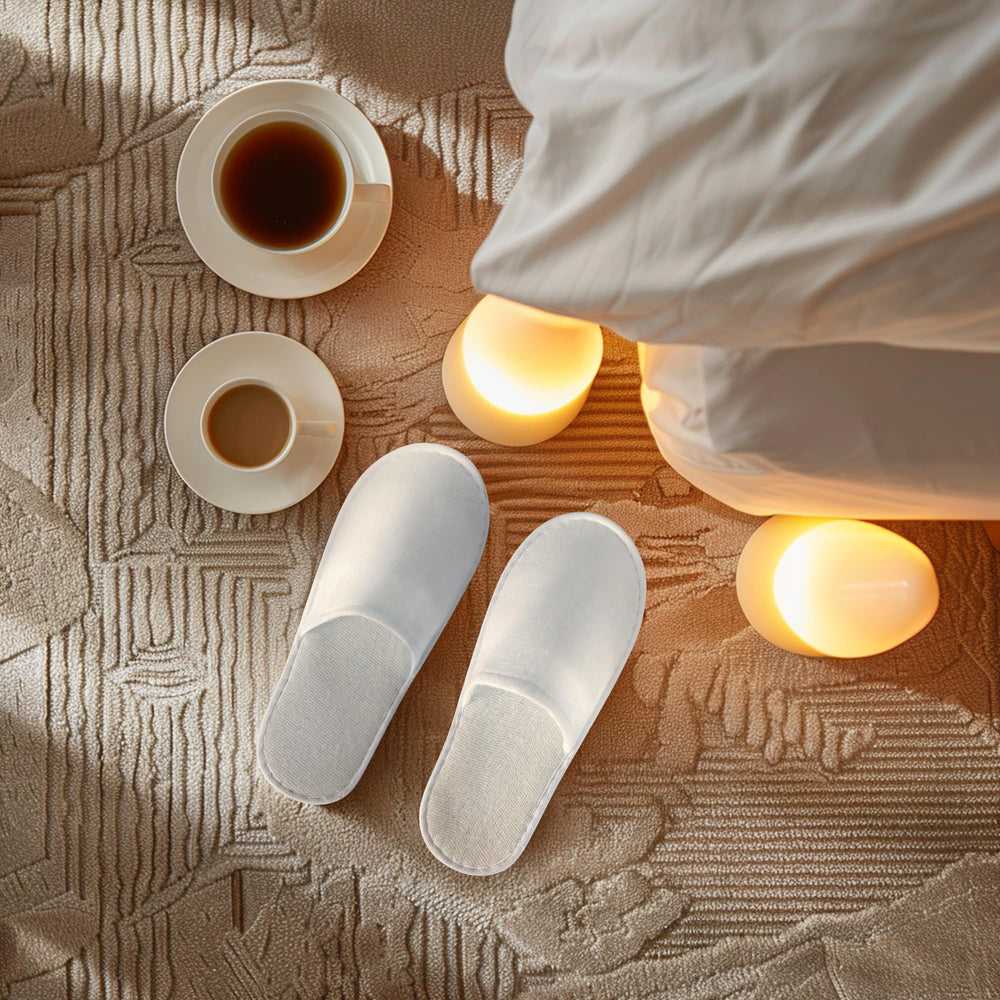 UrbanRoots packaged slippers with pouch for easy guest distribution and mess-free setup