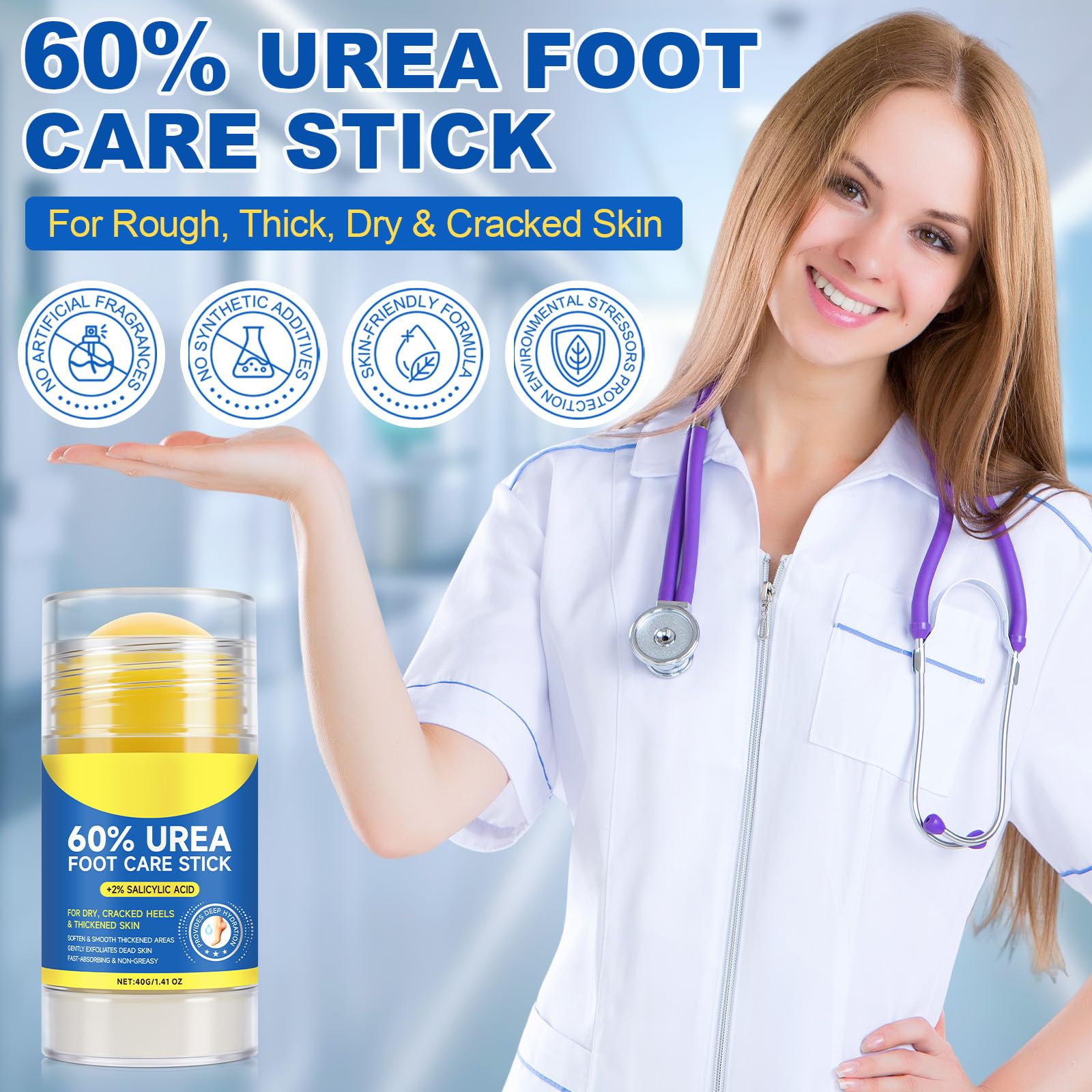 Urea foot cream packaging display highlighting travel-friendly stick