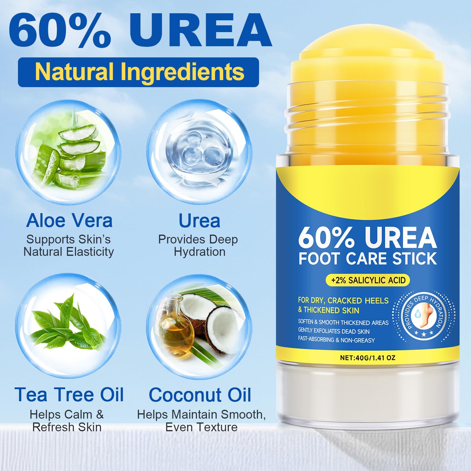 Urea foot cream salicylic acid heel stick close-up highlighting softening