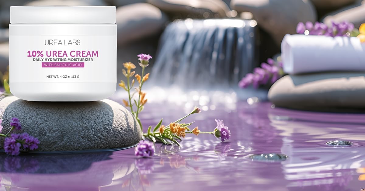 UREA LABS urea cream 10 percent label closeup: shows informative ingredients for calm, hydrated skin.