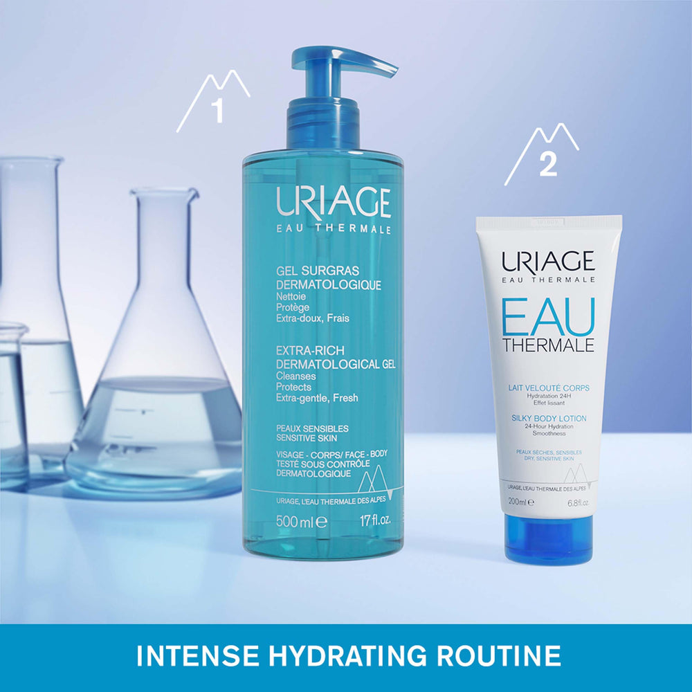 Uriage daily-care gel application demonstrates versatile face and body cleansing.