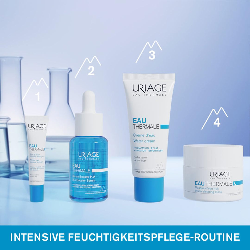 Minimalist Uriage packaging on a vanity for a fresh skincare routine