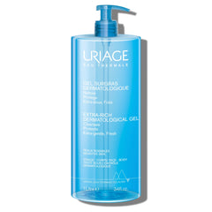 Uriage Extra-Rich Dermatological Gel bottle closeup for a gentle cleanse on sensitive skin.