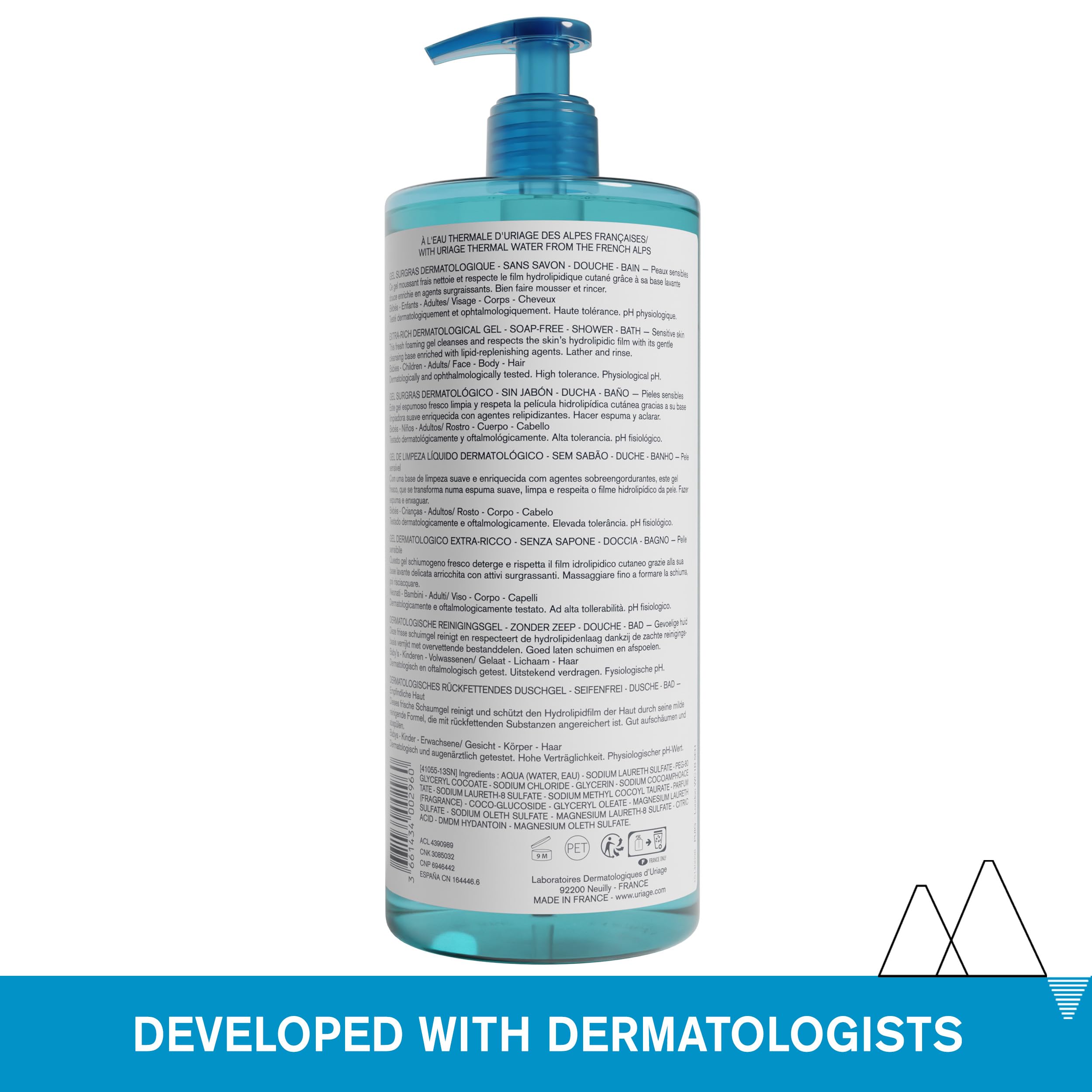 Uriage Extra-Rich Gel texture closeup highlights creamy lather for daily cleansing.