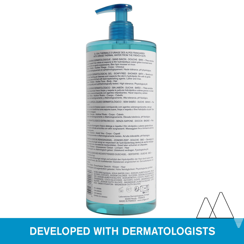 Uriage Extra-Rich Gel texture closeup highlights creamy lather for daily cleansing.