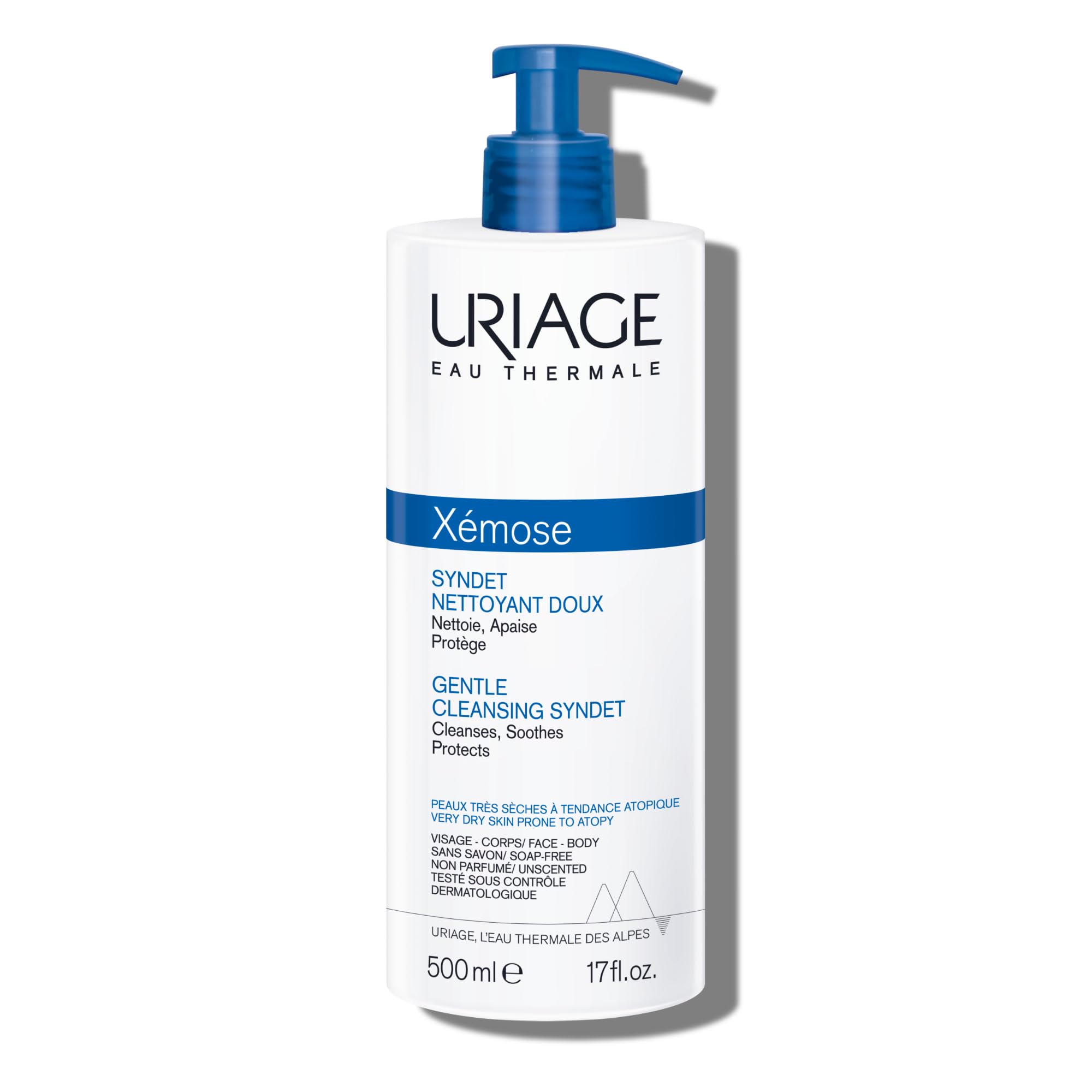 Uriage Gentle Cleansing Syndet bottle-pour shows fragrance-free cleanse for dry skin
