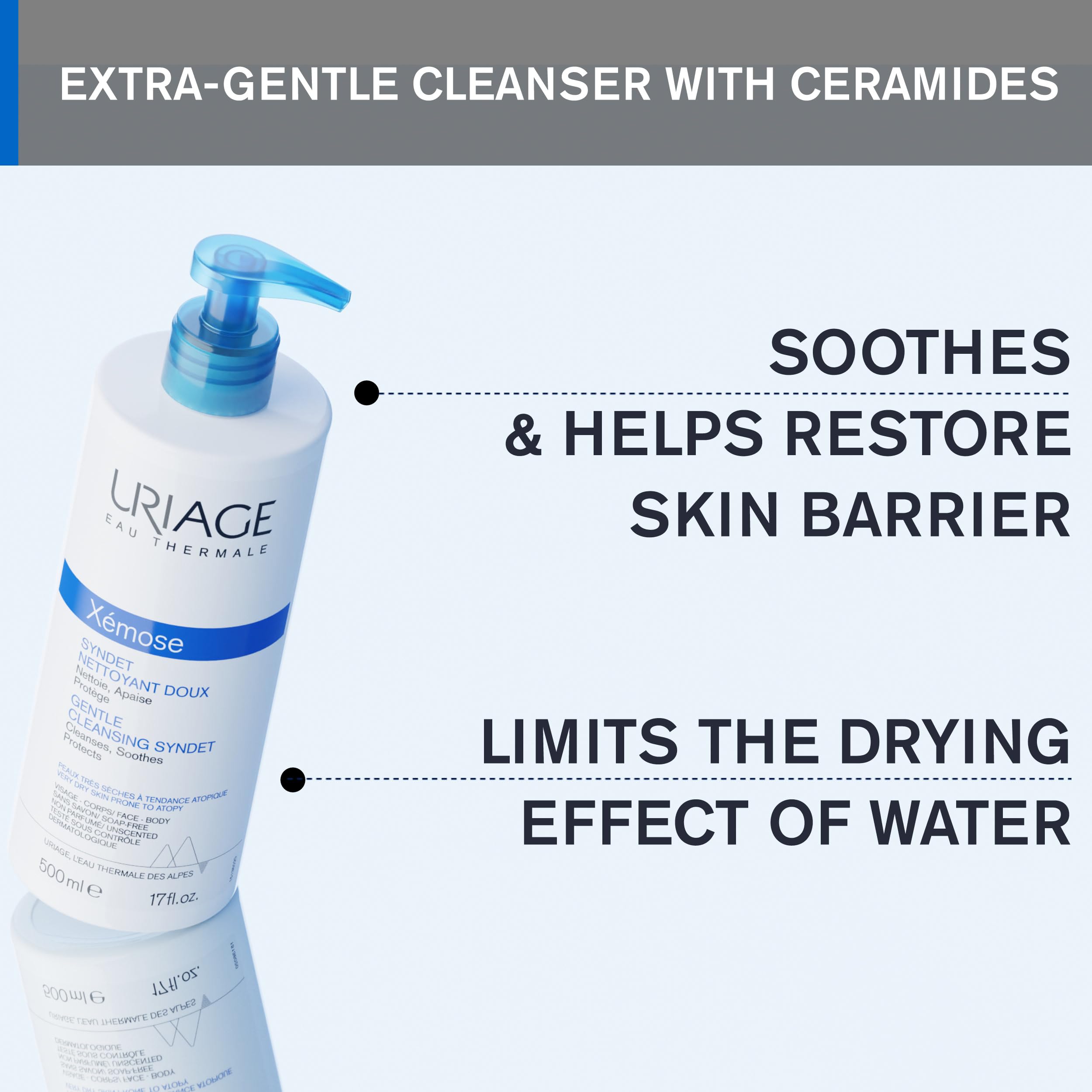 Uriage Gentle Cleansing Syndet foaming-lather demonstrates gentle texture for daily use