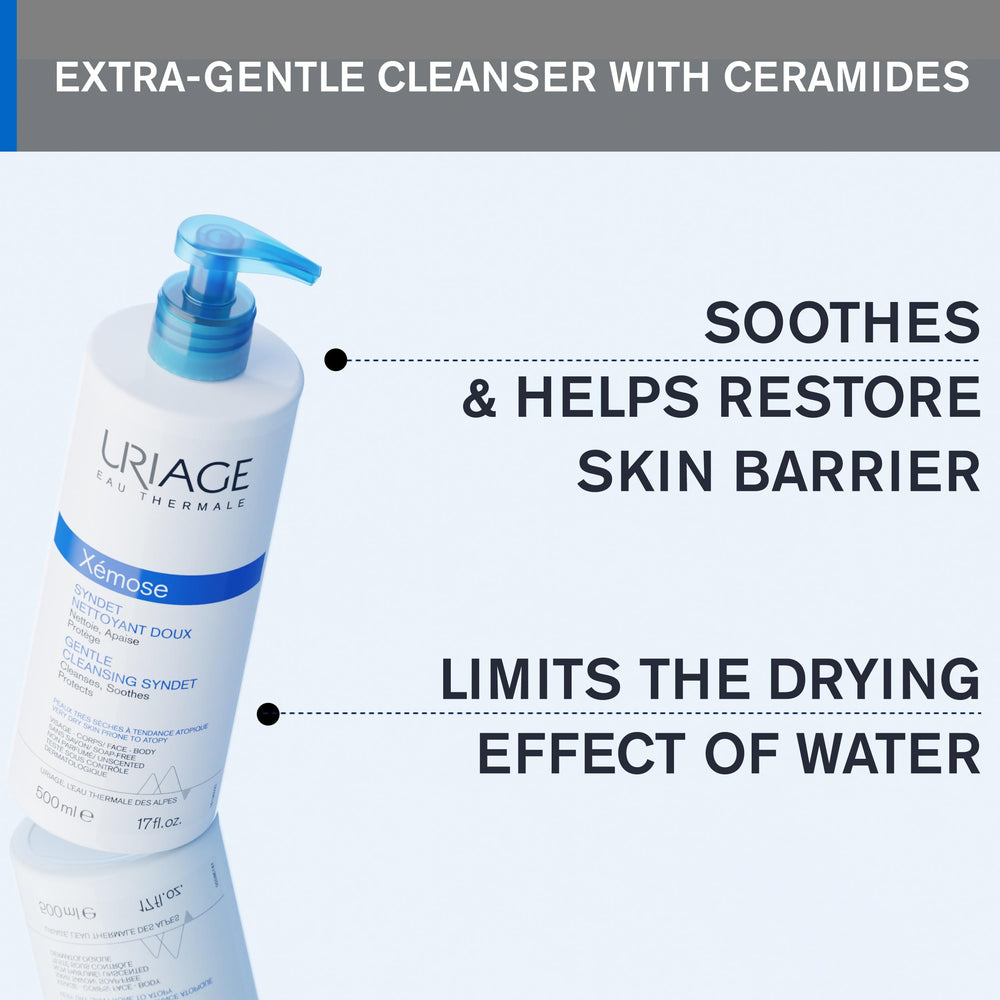 Uriage Gentle Cleansing Syndet foaming-lather demonstrates gentle texture for daily use