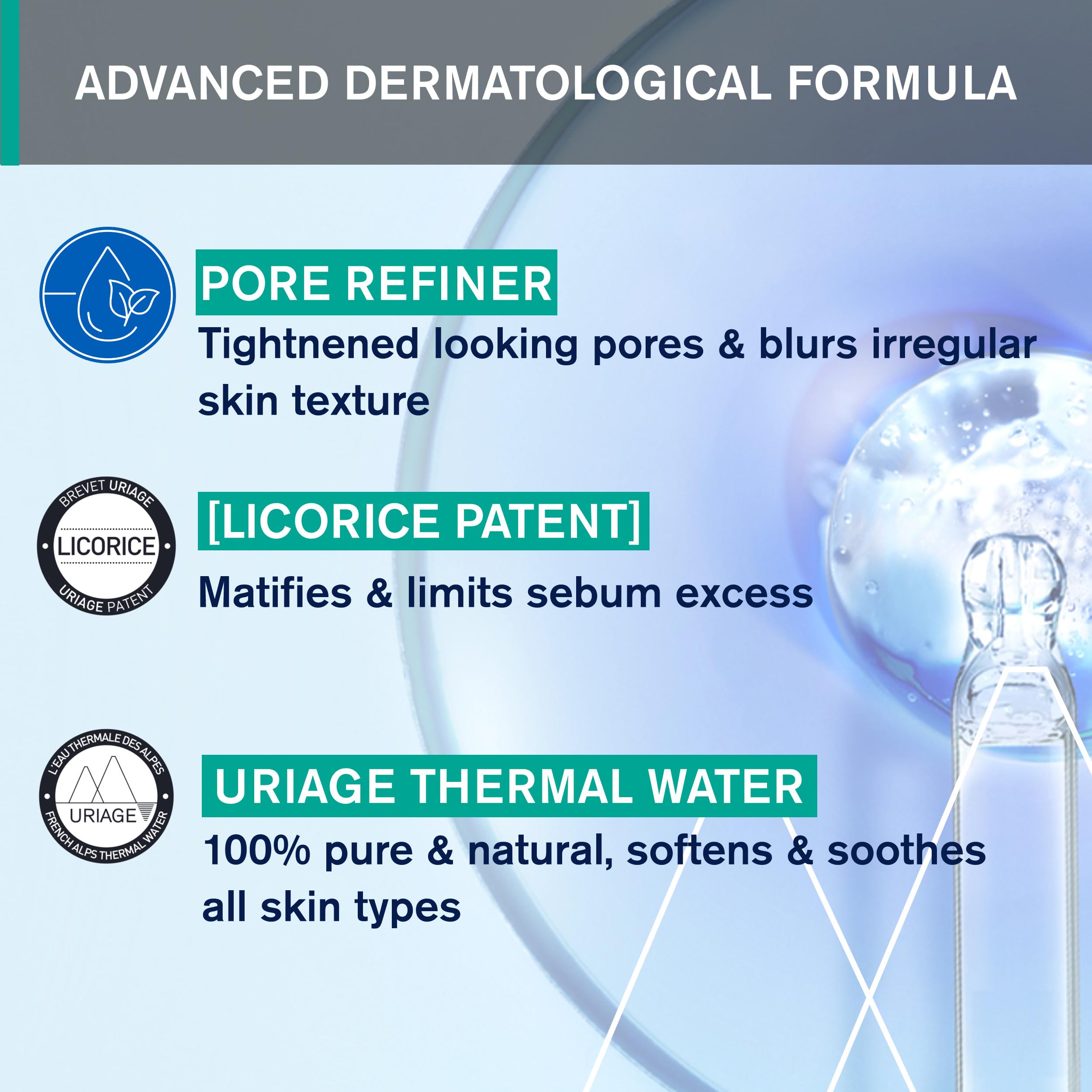 Uriage Hyseac mat pores closeup illustrating refined pores with base makeup