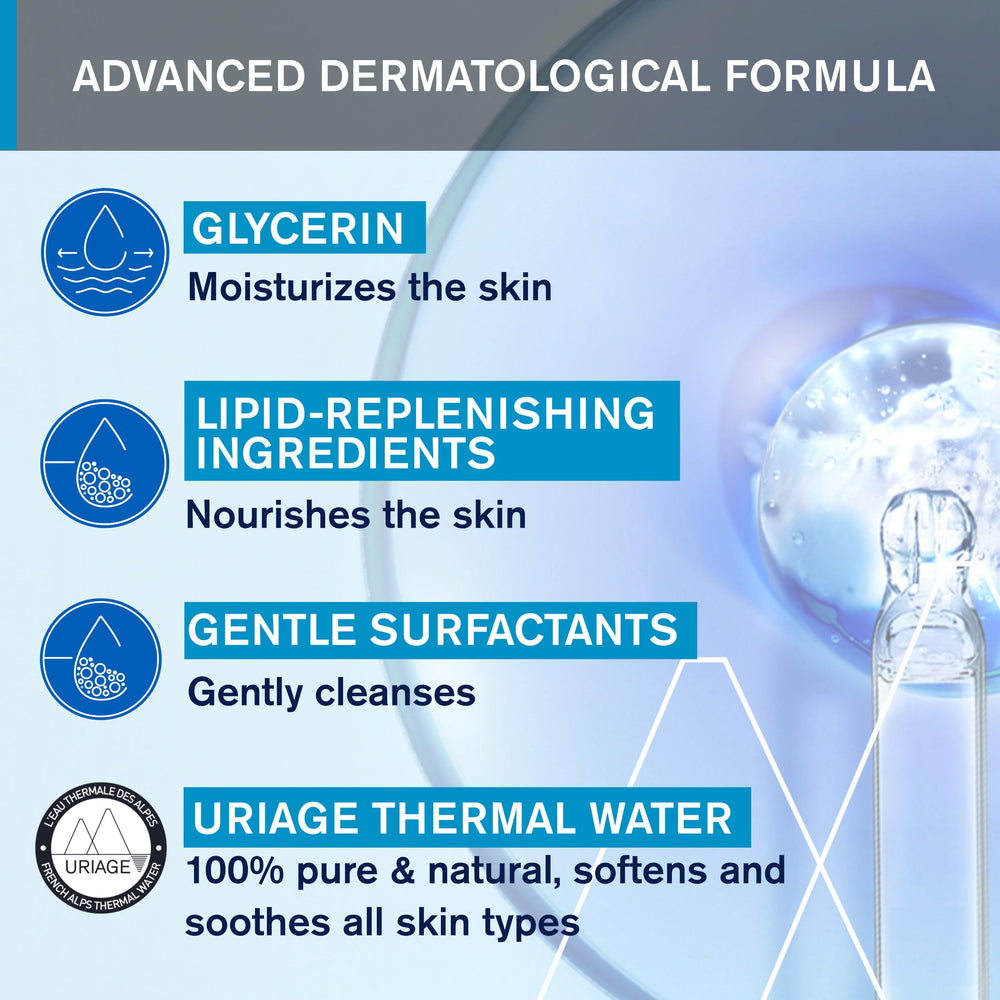 Uriage paraben-free soap-free label signals a gentle, non-irritating cleanse.