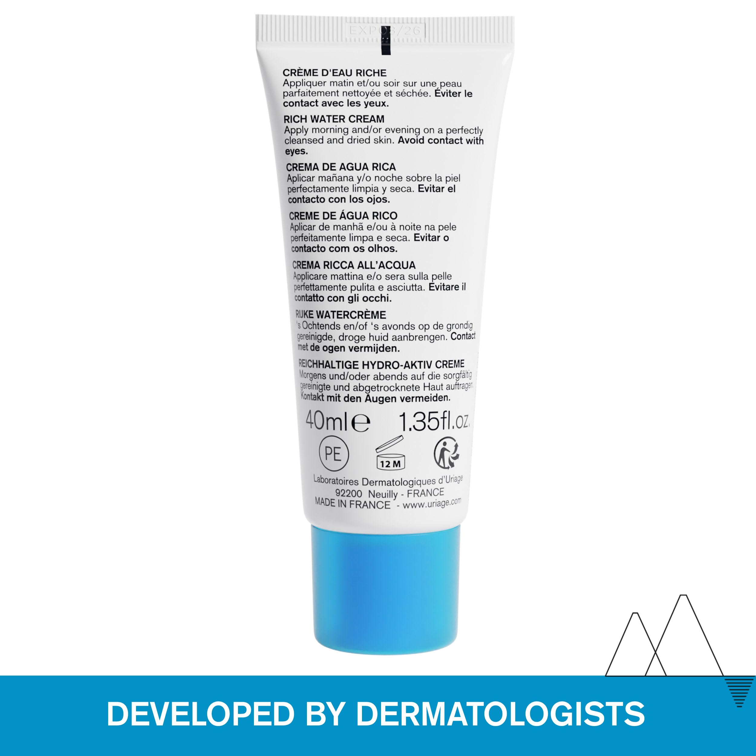 URIAGE Rich Water Cream jar back highlights ingredients list and nourishing properties.