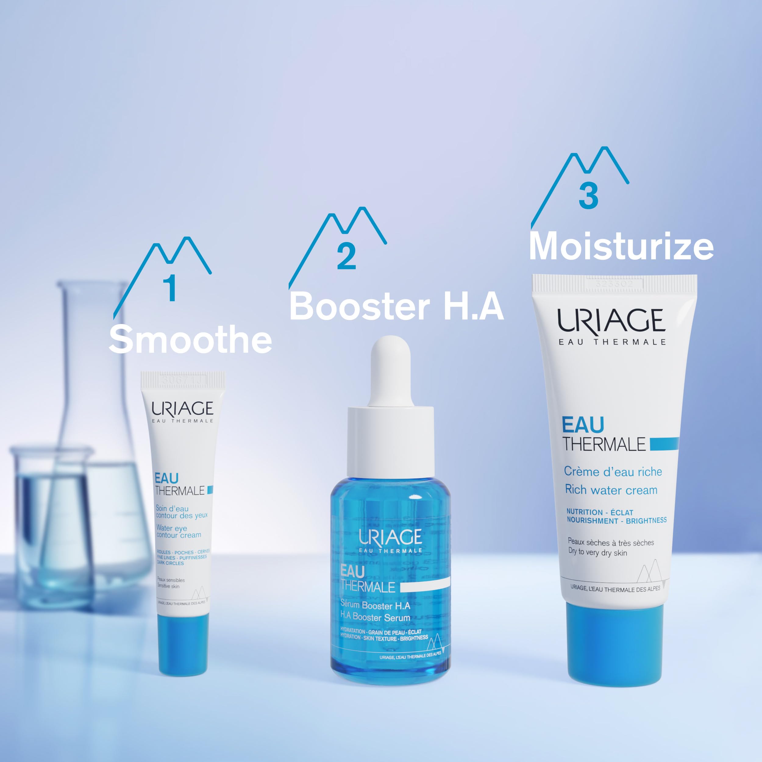 URIAGE Rich Water Cream packaging display communicates premium hydration and radiance boost.