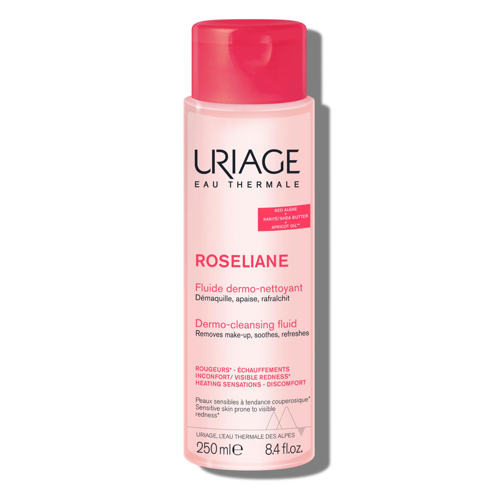 Uriage Roseliane bottle with pump for gentle makeup removal and skin comfort.
