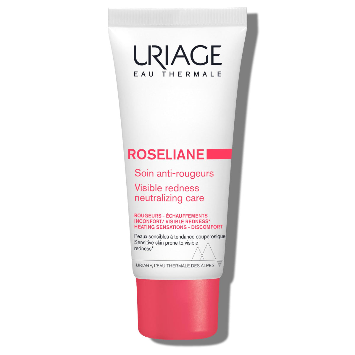 Uriage Roseliane cream tube closeup showing soothing redness and hydration.