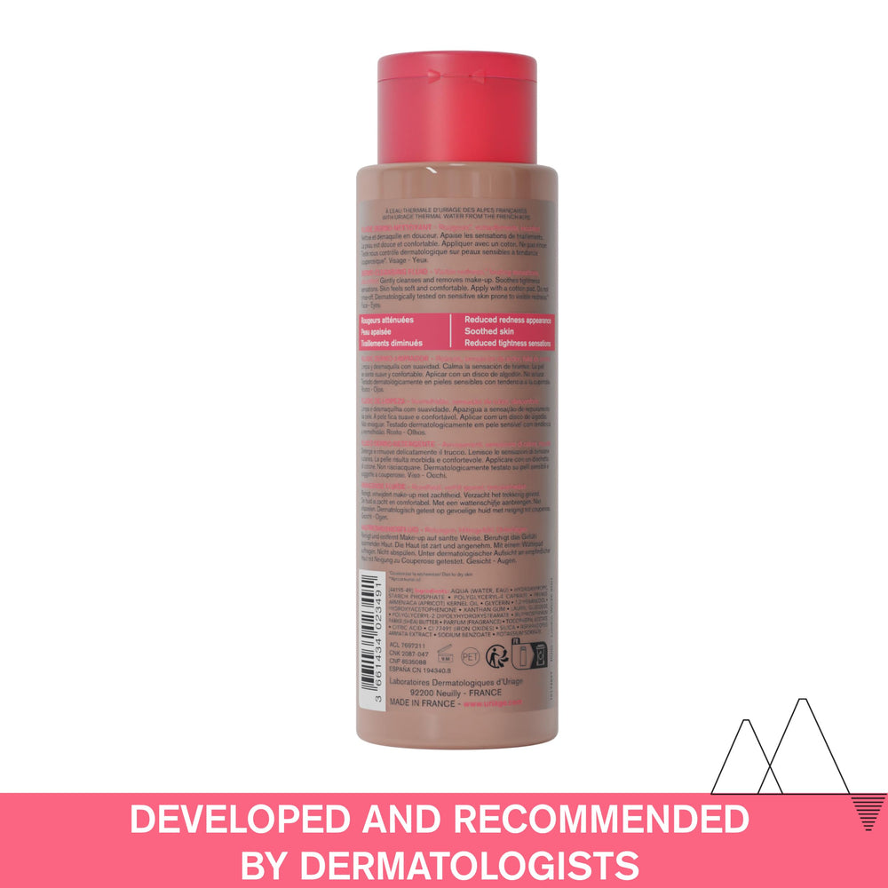Uriage Roseliane fingertip-close-up shows gel-to-lotion cleansing texture.