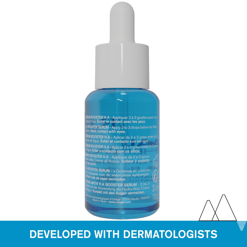 Uriage Serum Booster H.A. droplet on skin highlights quick absorption for refreshed skin.