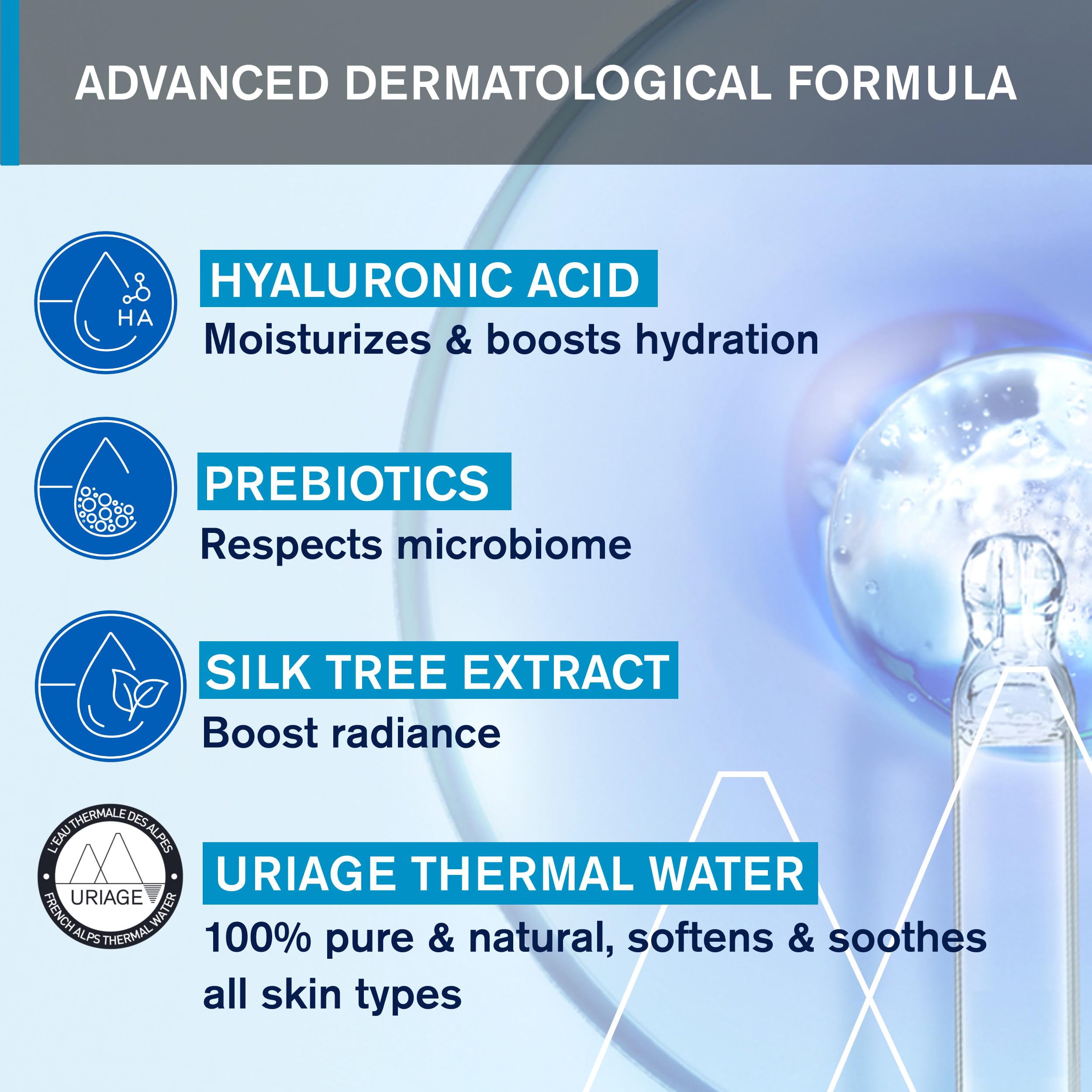 Uriage Thermal Water Essence hyaluronic-acid icon suggests plump, hydrated skin.