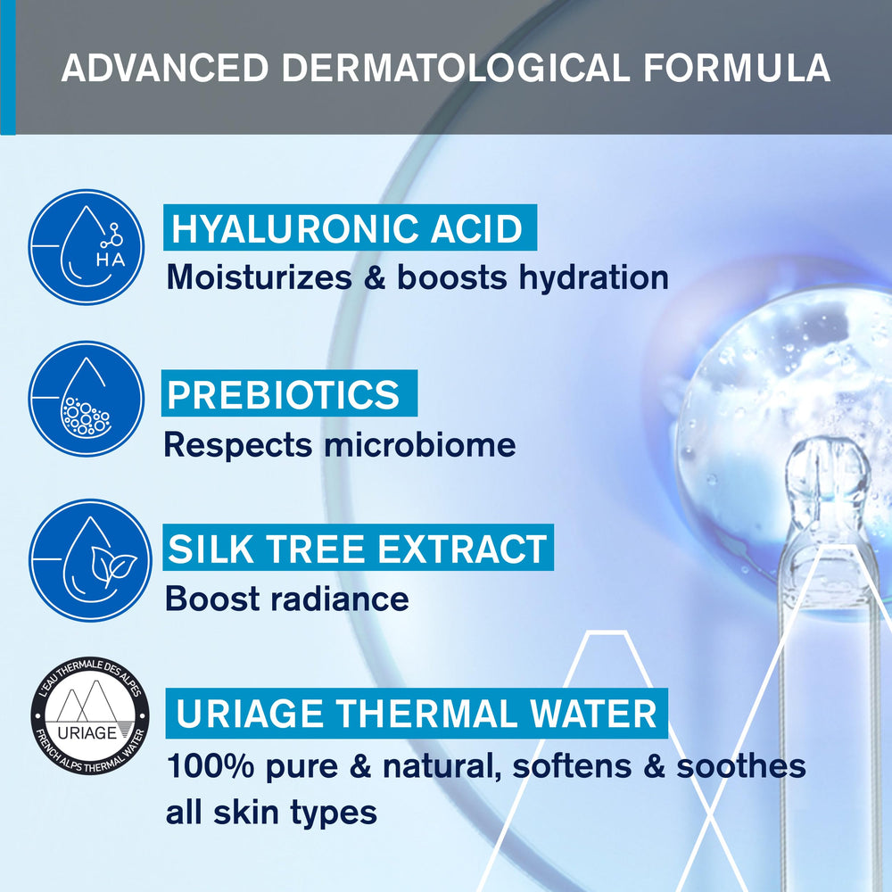 Uriage Thermal Water Essence hyaluronic-acid icon suggests plump, hydrated skin.