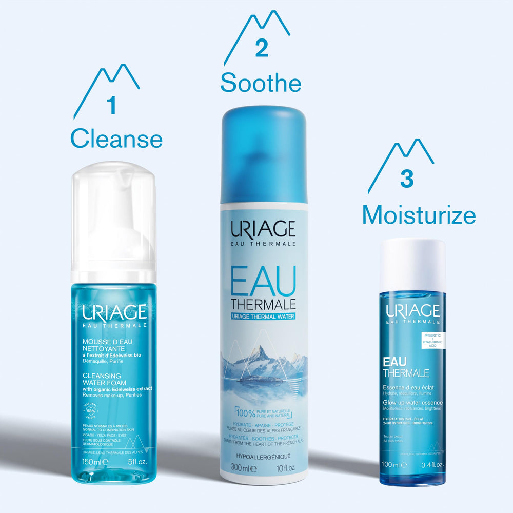 Uriage Thermal Water Essence packaging display fits neatly on shelves.