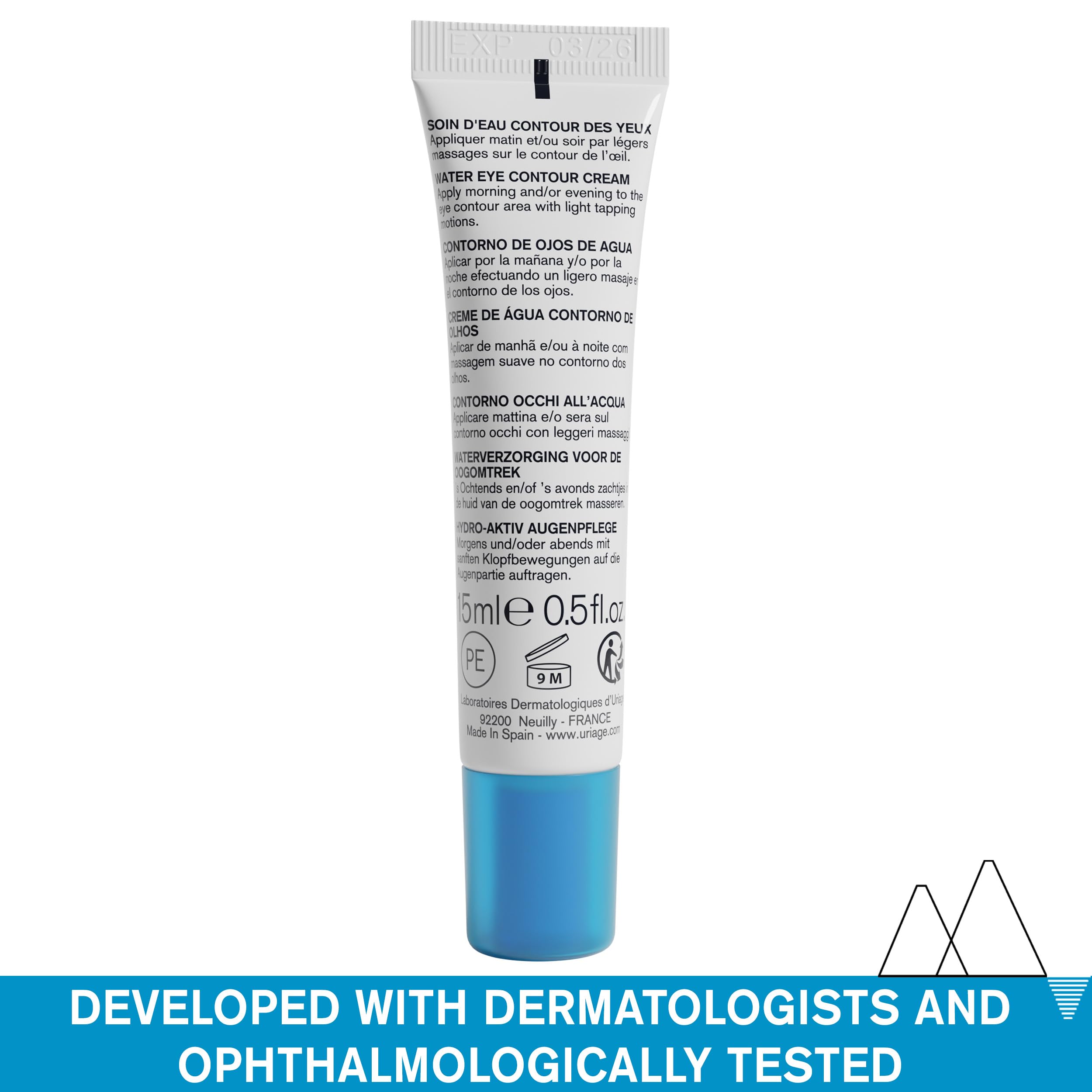 Uriage Water Eye Contour Cream texture swirl shows lightweight hydration.