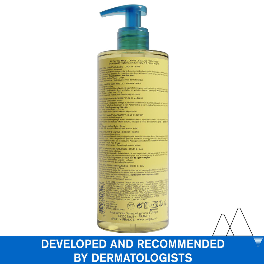 Uriage Xémose cleansing oil 500 mL bottle on bathroom shelf.