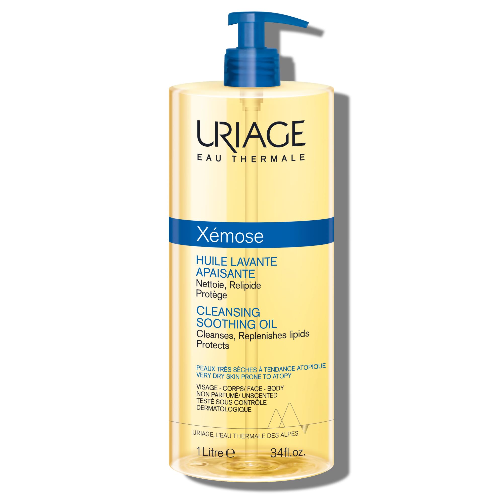 Uriage Xémose cleansing oil bottle (1 L) for gentle face and body cleansing.