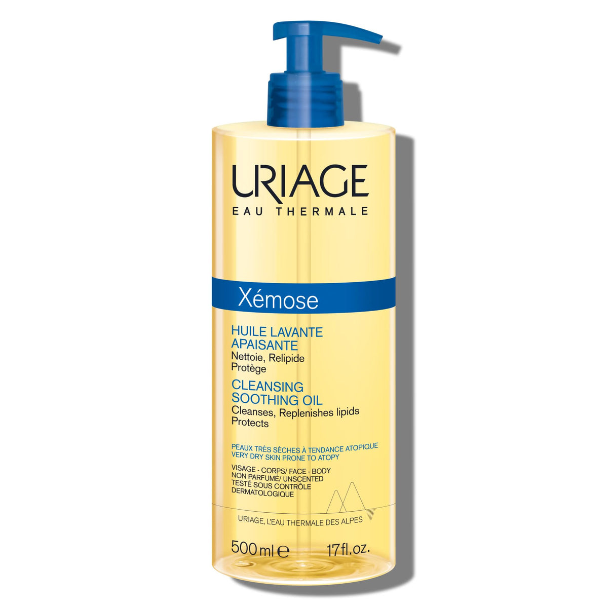 Uriage Xémose cleansing oil bottle with pump for easy daily use and soothing texture.