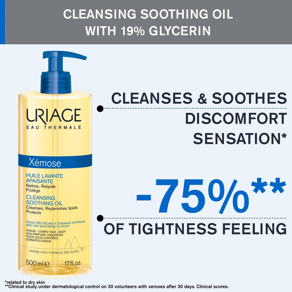 Uriage Xémose cleansing oil foaming texture to cleanse sensitive skin gently.