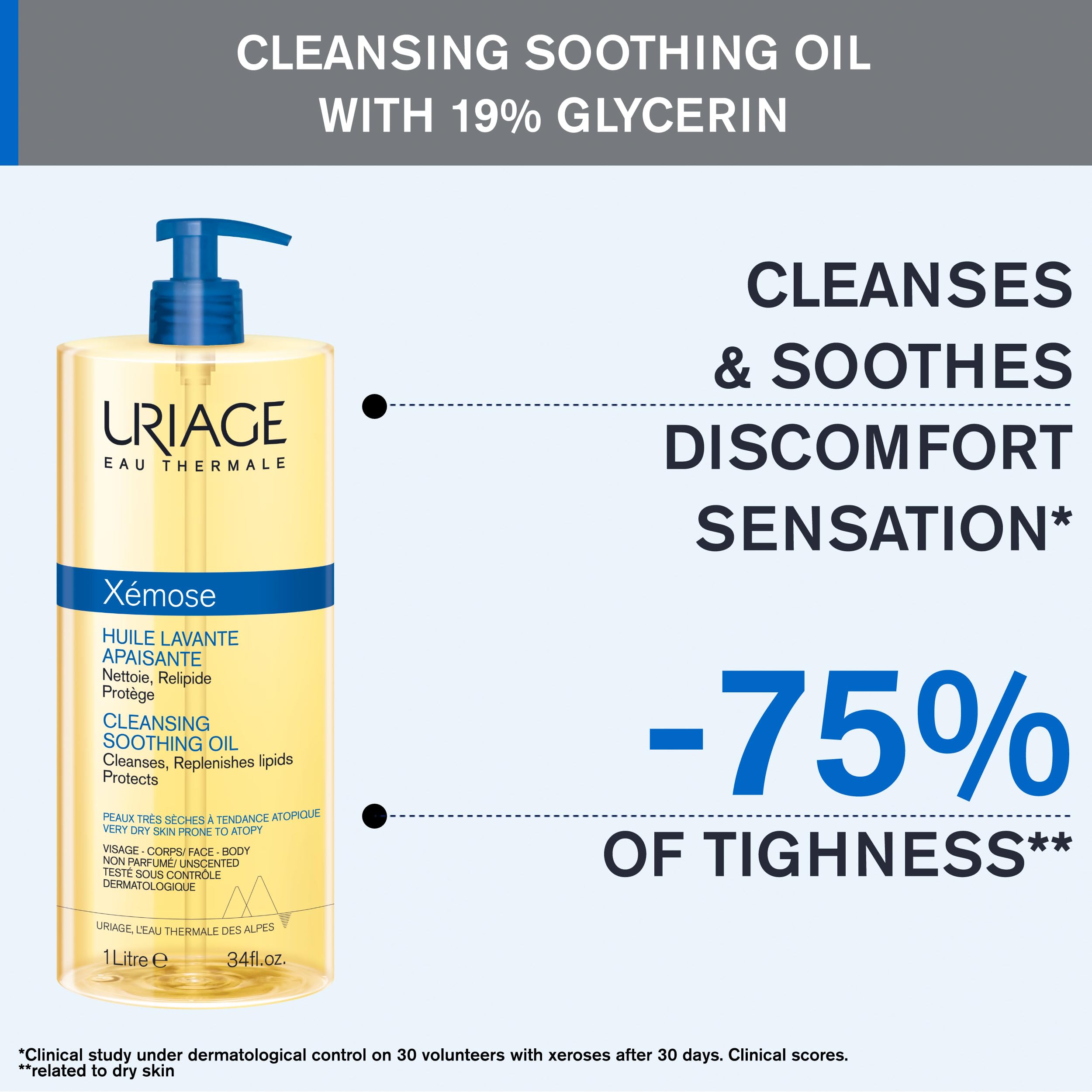 Uriage Xémose cleansing oil pump flow shown for easy daily dispensing.