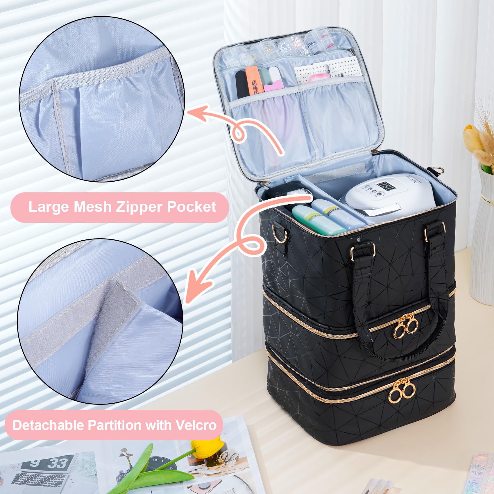 Uross nail polish organizer bag top view with lamp fit
