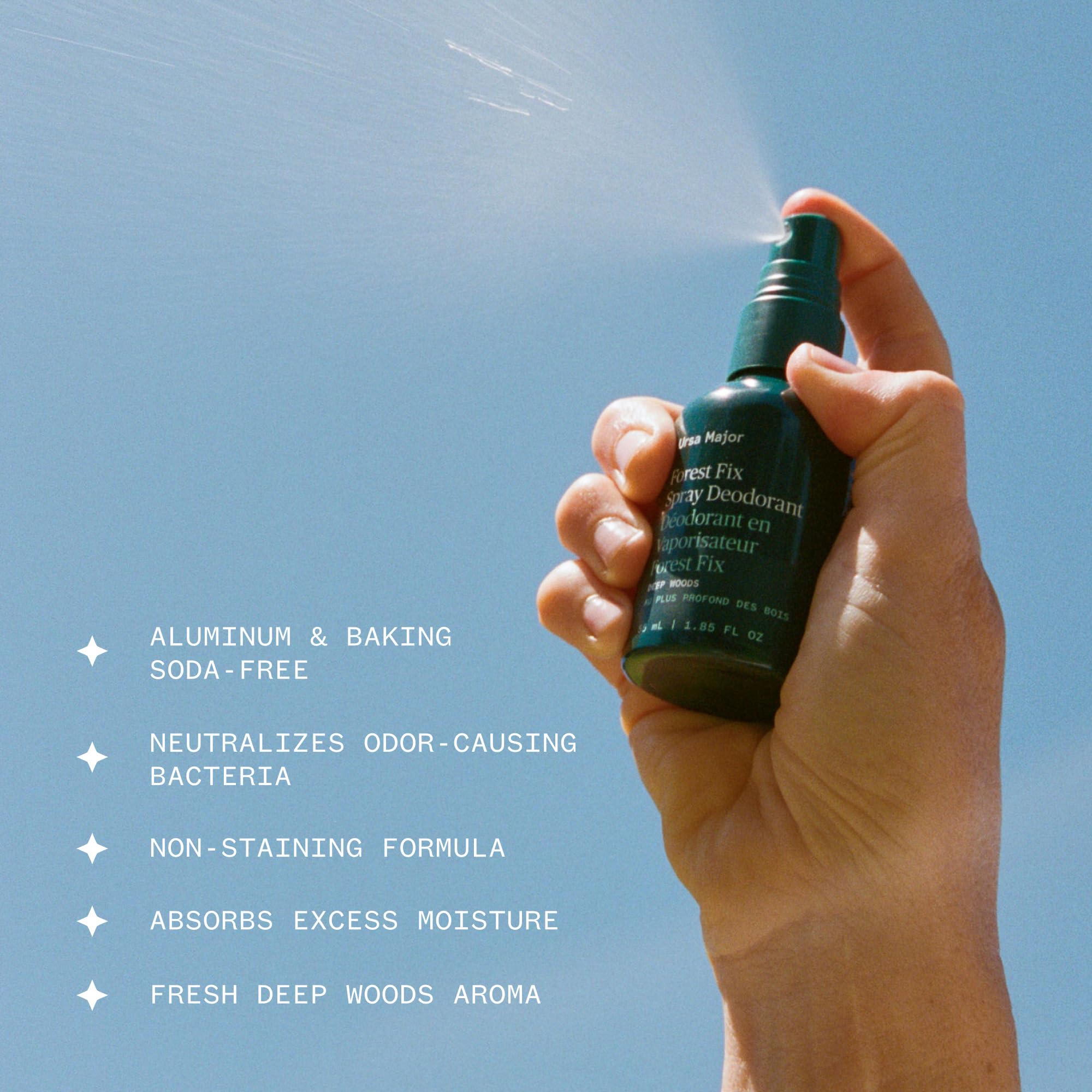 Ursa Major Forest Fix spray in use, easy underarm refreshment on the go.