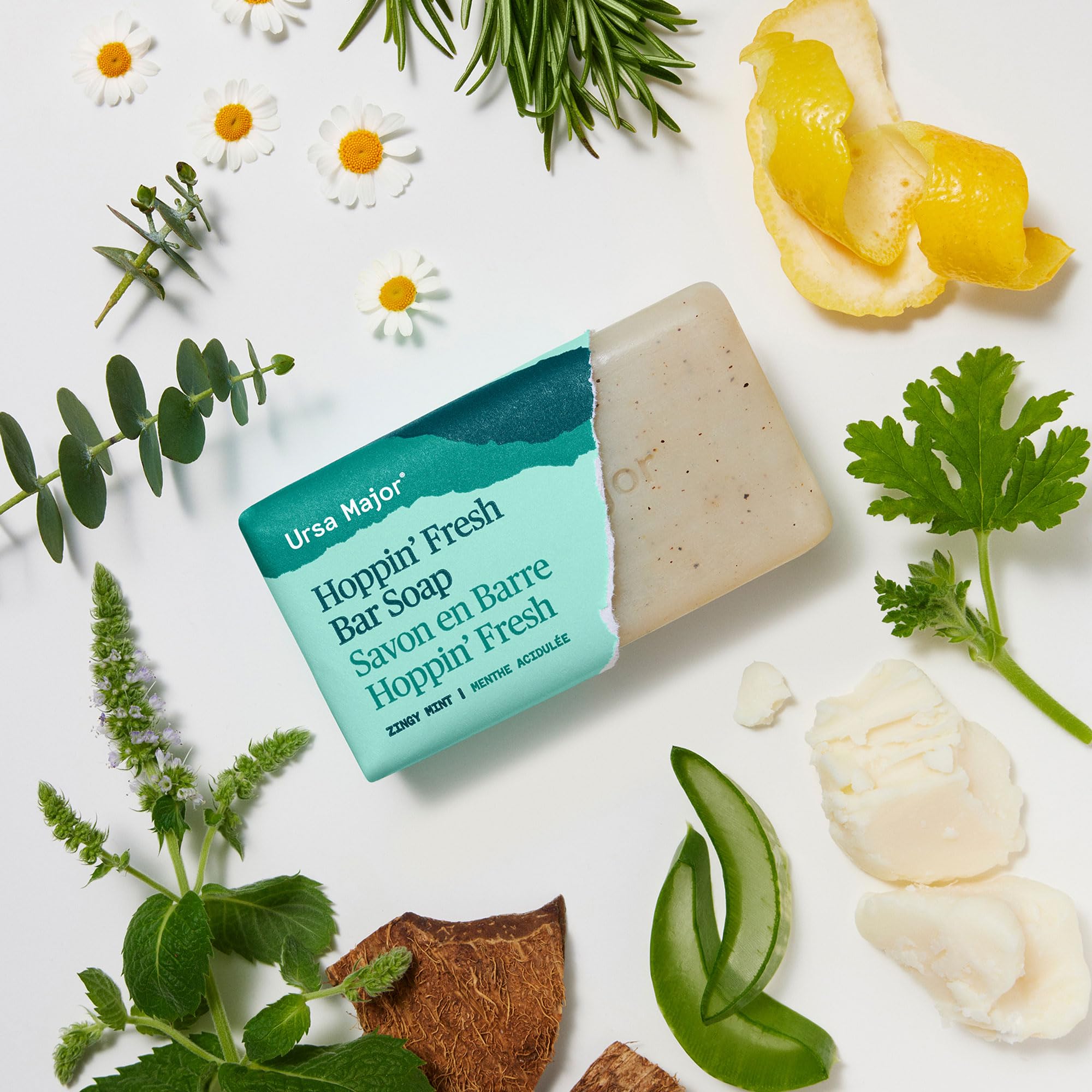 Ursa Major Hoppin' Fresh bar texture image highlights gentle exfoliation benefits