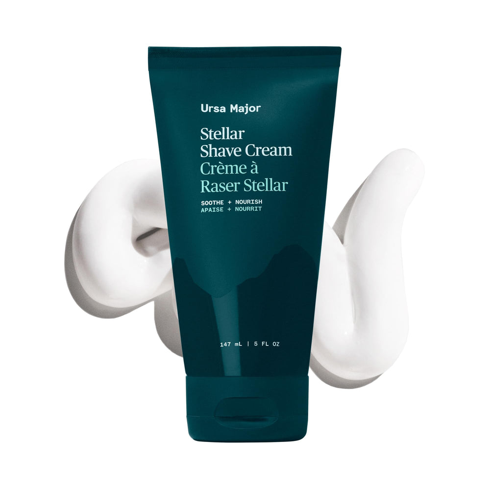 Ursa Major natural shave cream bottle highlights vegan, fragrance-free formula for comfortable, irritation-free shaves.